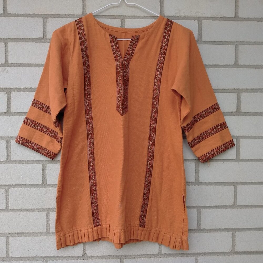 Vintage Tunic Orange Hippie Shirt Boho Top Hippy Pullover Cotton Linen Handmade